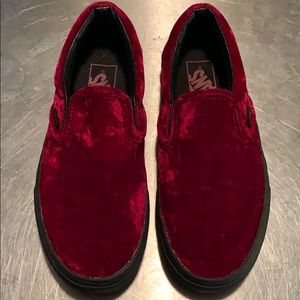 Maroon crushed velvet vans classic slip ons